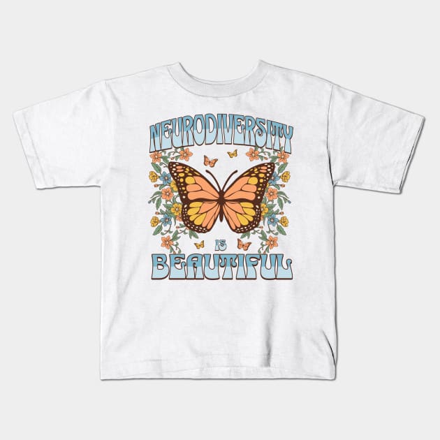 Neurodiversity is Beautiful Neurospicy Autism Pride Boho Butterfly Kids T-Shirt by PUFFYP